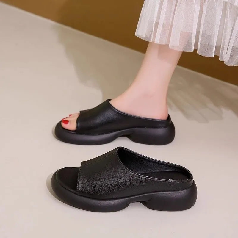Sandalias tipo chanclas de suela suave de cuero genuino para mujer