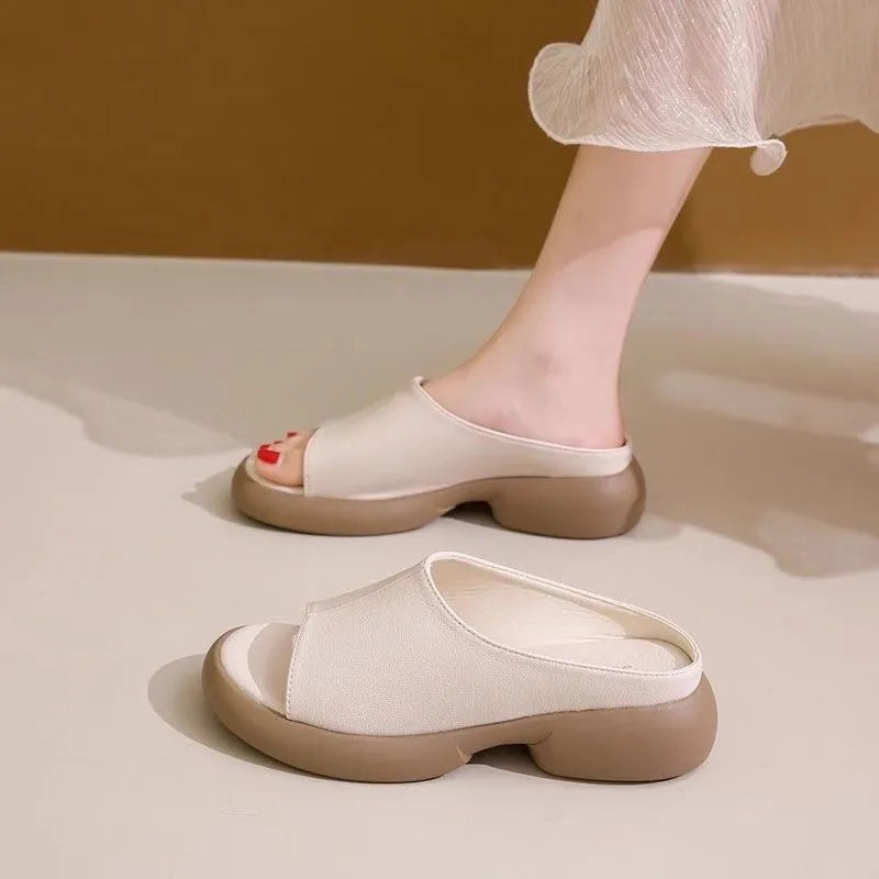 Sandalias tipo chanclas de suela suave de cuero genuino para mujer