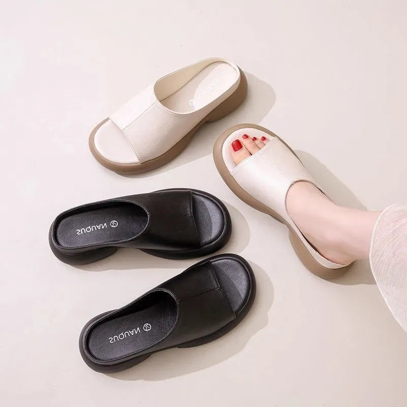 Sandalias tipo chanclas de suela suave de cuero genuino para mujer
