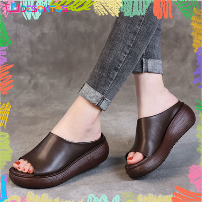 Sandalias de cuña retro de piel suave