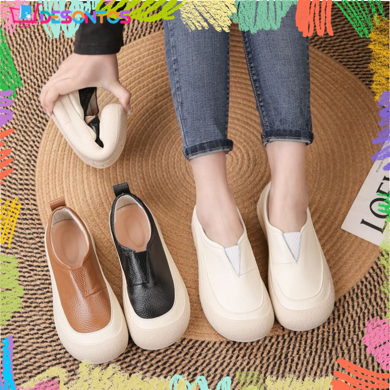 100% cuero genuino zapatos de plataforma con punta redonda