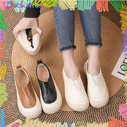 100% cuero genuino zapatos de plataforma con punta redonda