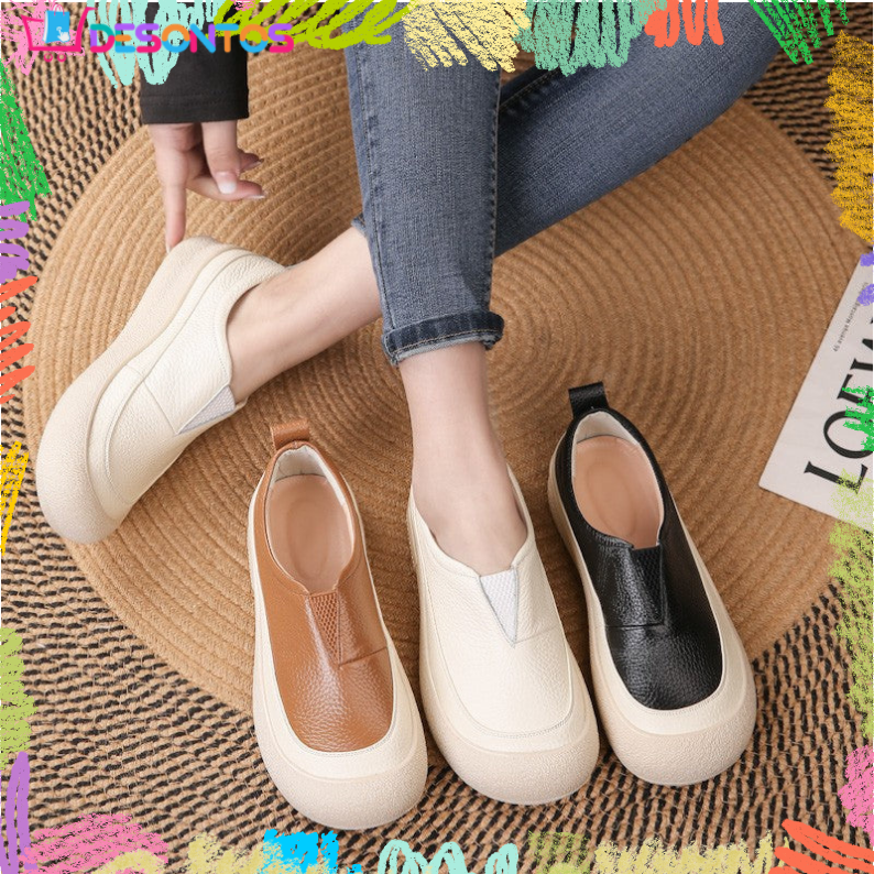 100% cuero genuino zapatos de plataforma con punta redonda