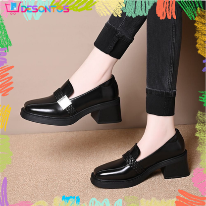 Zapatos retro de piel con tacón grueso y punta cuadrada