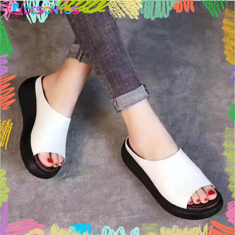 Sandalias de cuña retro de piel suave