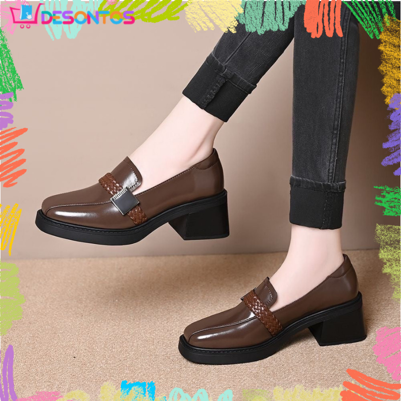 Zapatos retro de piel con tacón grueso y punta cuadrada