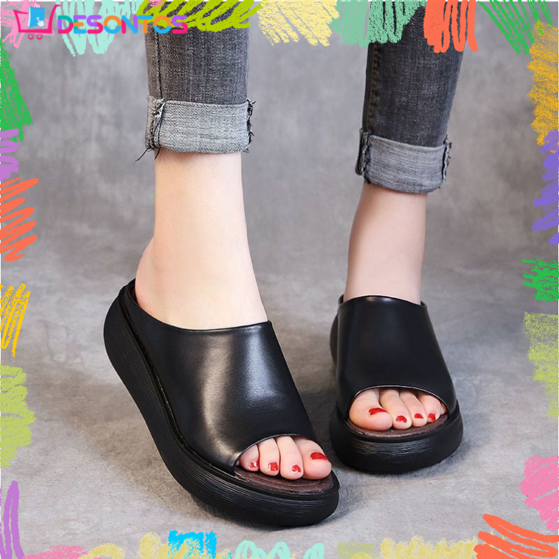 Sandalias de cuña retro de piel suave