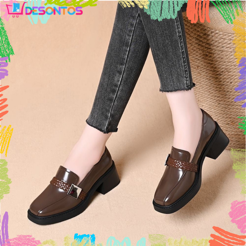 Zapatos retro de piel con tacón grueso y punta cuadrada