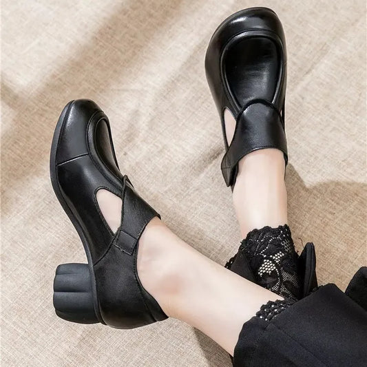 Zapatos de piel con punta redonda y tacón grueso m