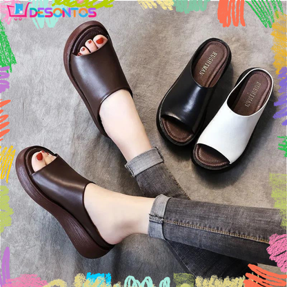 Sandalias de cuña retro de piel suave