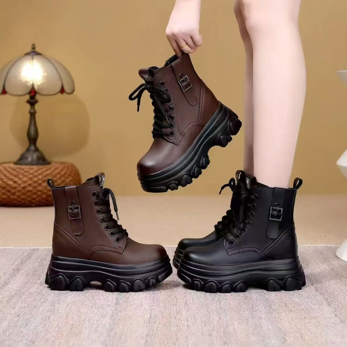 Botas Cortas Mujer Plataforma Suela Gruesa Cordones Hebilla