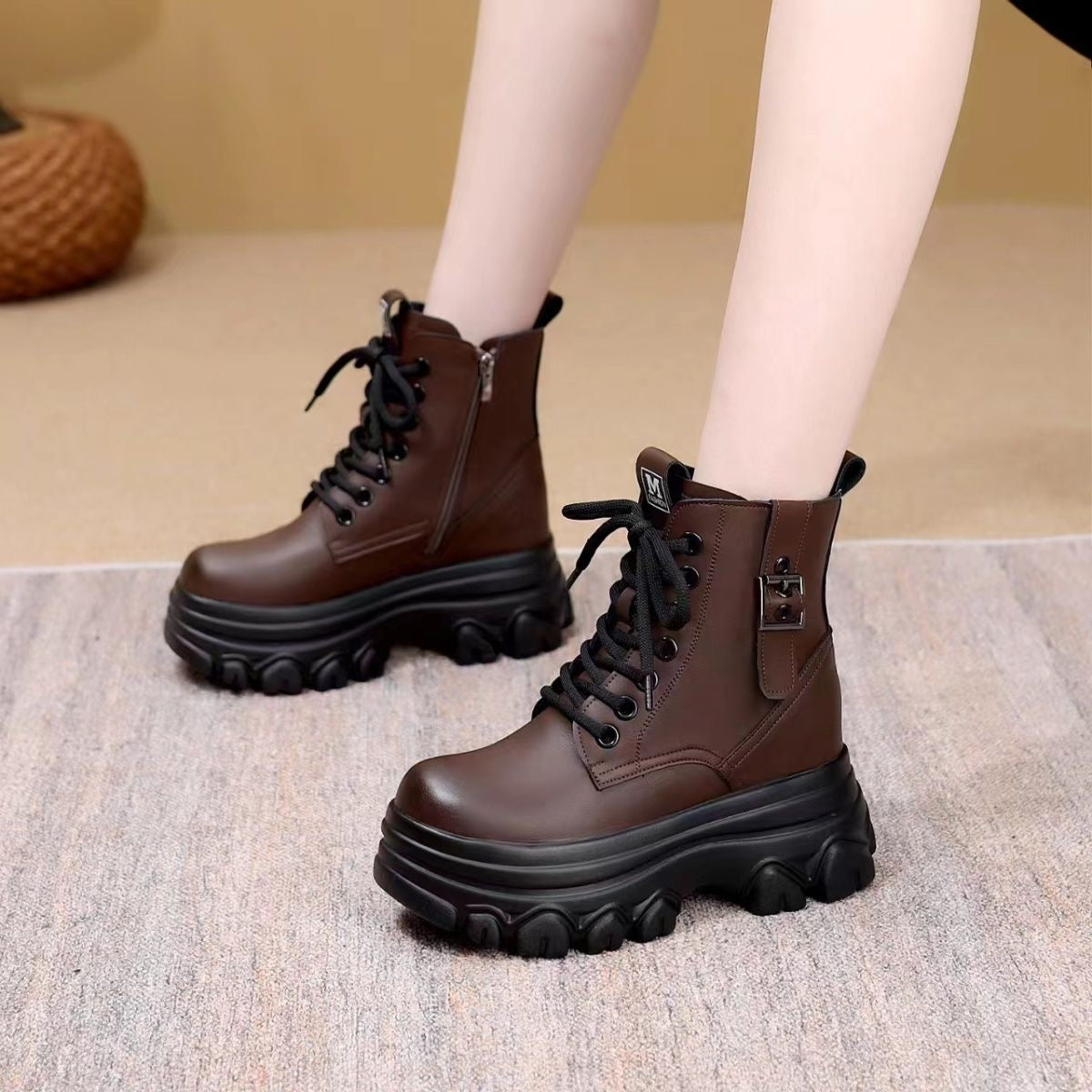 Botas Cortas Mujer Plataforma Suela Gruesa Cordones Hebilla