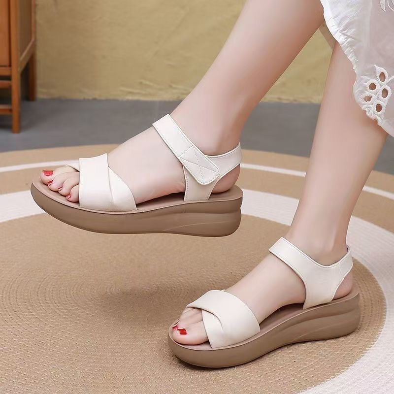 Sandalias de Piel Genuina para Mujer con Suela Gruesa y Cómoda