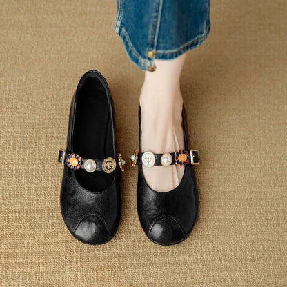 Zapatos casuales de piel suave con punta redonda, tacón bajo y estilo retro