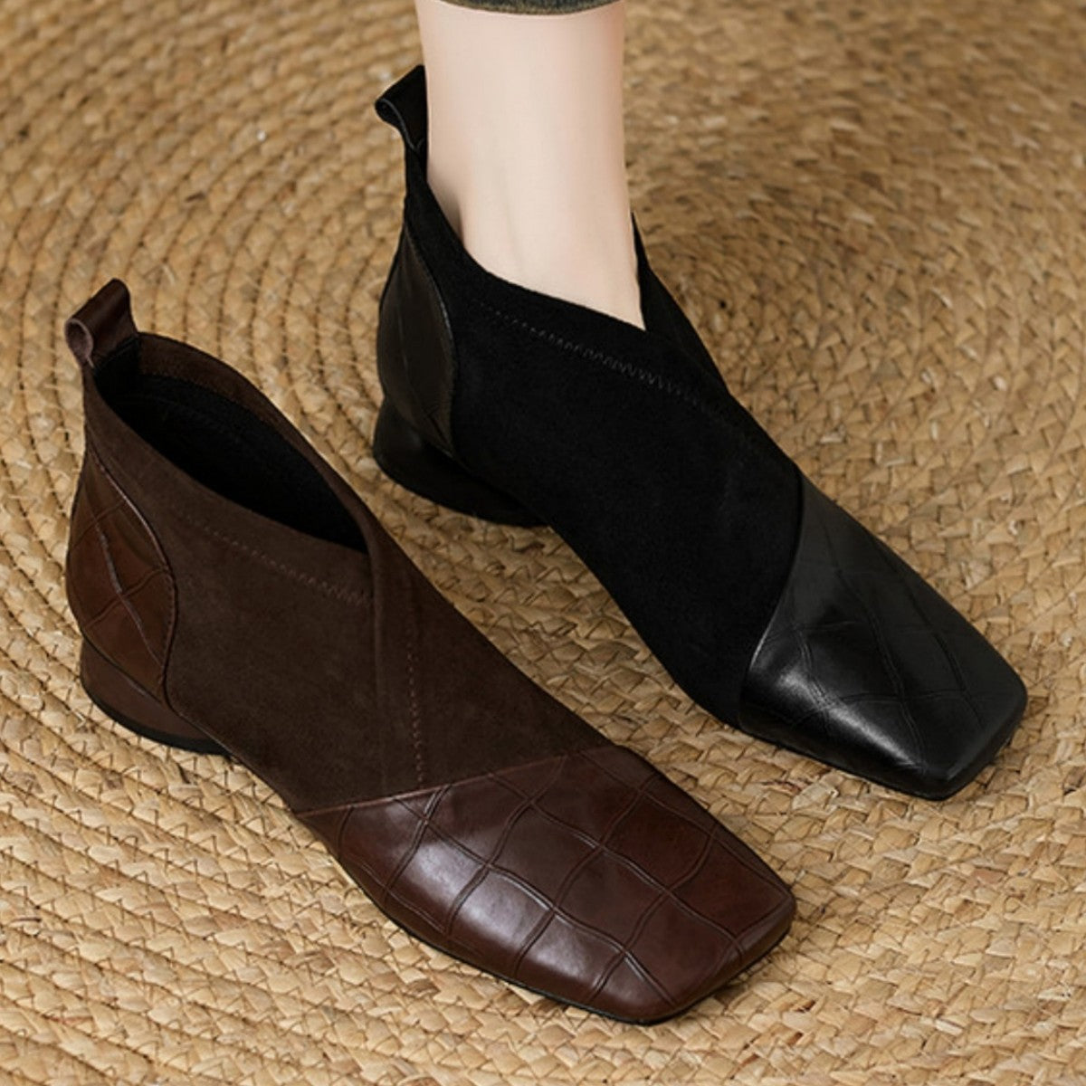 Botines de piel con tacón grueso y estilo francés retro