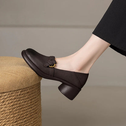 Zapatos de piel suave con tacón medio, punta redonda y plataforma