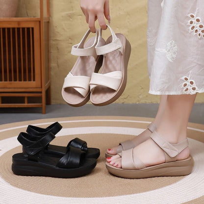 Sandalias de Piel Genuina para Mujer con Suela Gruesa y Cómoda