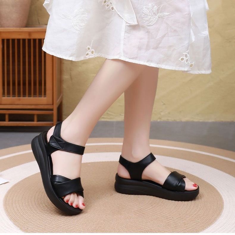 Sandalias de Piel Genuina para Mujer con Suela Gruesa y Cómoda