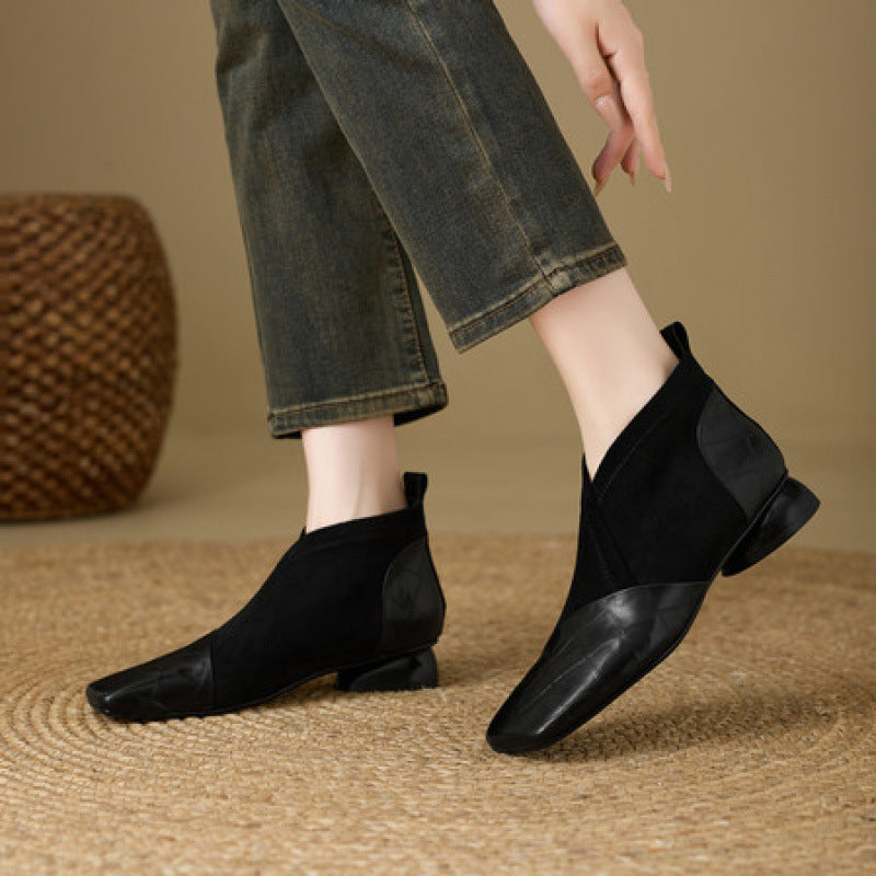 Botines de piel con tacón grueso y estilo francés retro