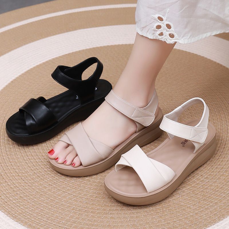 Sandalias de Piel Genuina para Mujer con Suela Gruesa y Cómoda