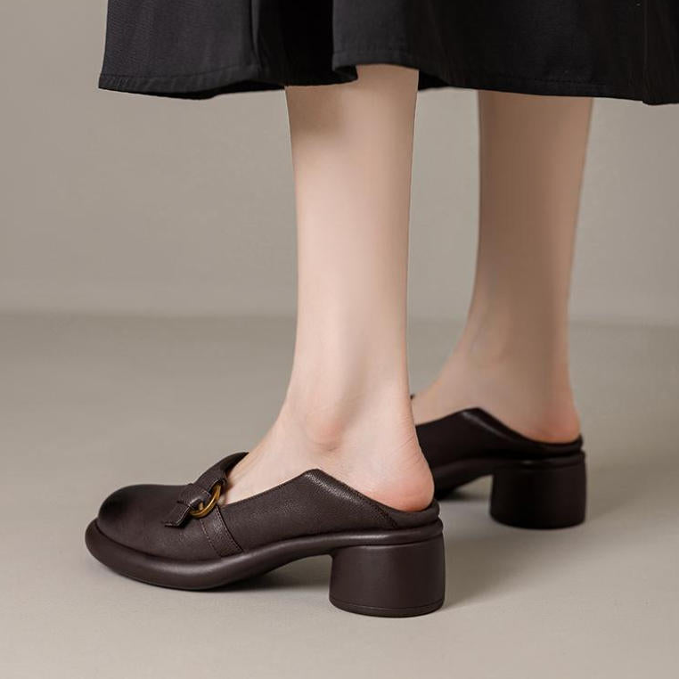 Zapatos de piel suave con tacón medio, punta redonda y plataforma